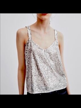 Zara Silver Sequin V-Neck Camisole Elegant Fun Tank Top Festival Wear